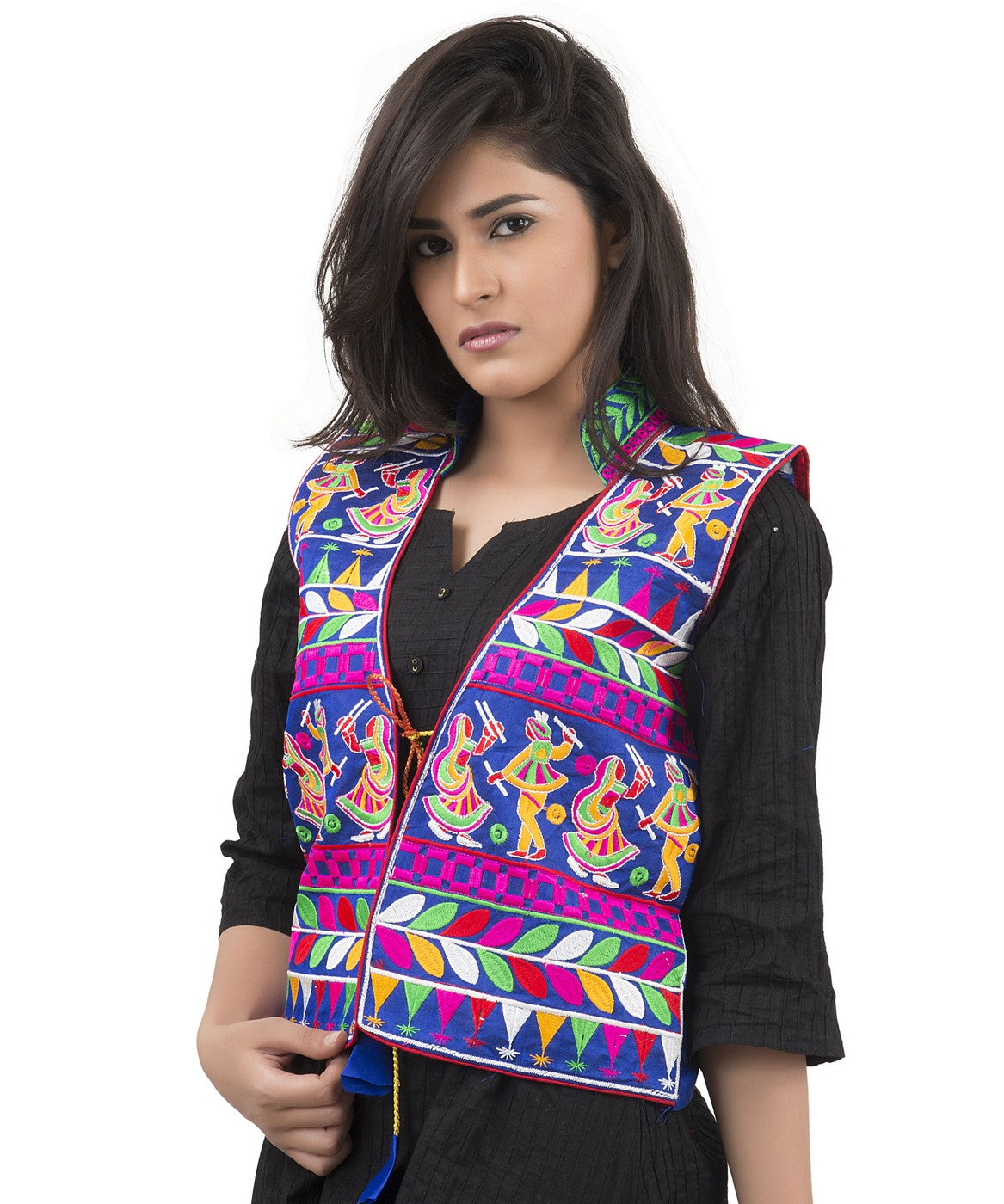 Banjara India Women's Dupion Silk Kutchi Embroidered Sleeveless Waist Length Jacket/Koti/Shrug (Garba) - MJK-GRB04 - Banjara India