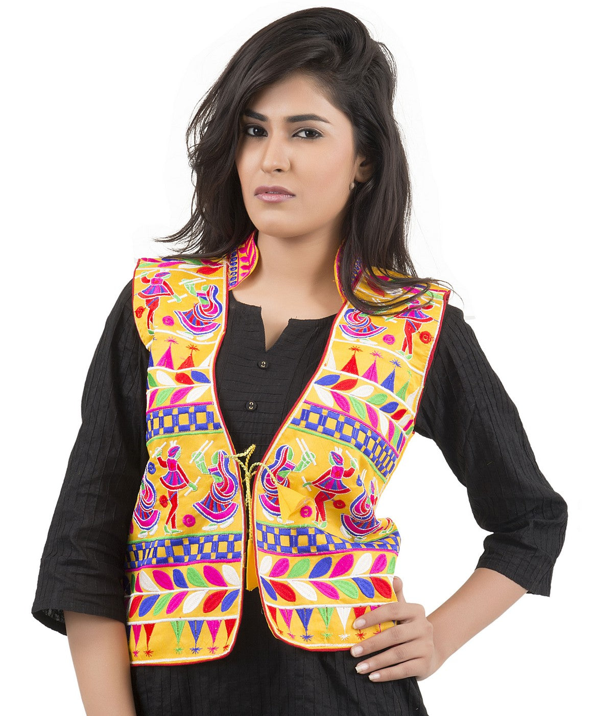 Banjara India Women's Dupion Silk Kutchi Embroidered Sleeveless Waist Length Jacket/Koti/Shrug (Garba) - MJK-GRB05 - Banjara India