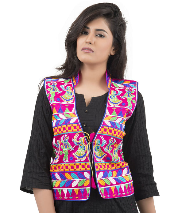Banjara India Women's Dupion Silk Kutchi Embroidered Sleeveless Waist Length Jacket/Koti/Shrug (Garba) - MJK-GRB06 - Banjara India