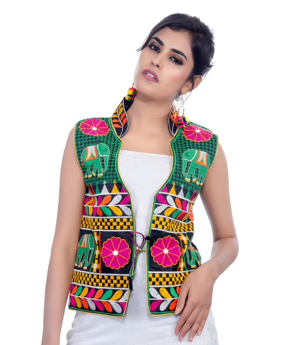 Banjara India Women's Dupion Silk Kutchi Embroidered Sleeveless Waist Length Jacket/Koti/Shrug (Haathi) - MJK-HTH01 - Banjara India