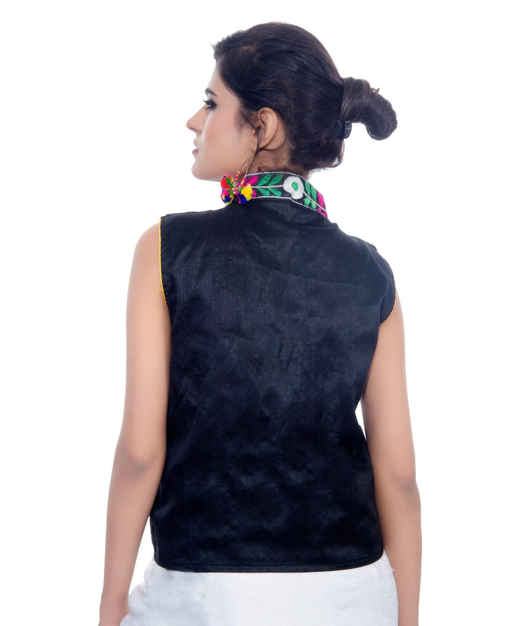 Banjara India Women's Dupion Silk Kutchi Embroidered Sleeveless Waist Length Jacket/Koti/Shrug (Haathi) - MJK-HTH01 - Banjara India