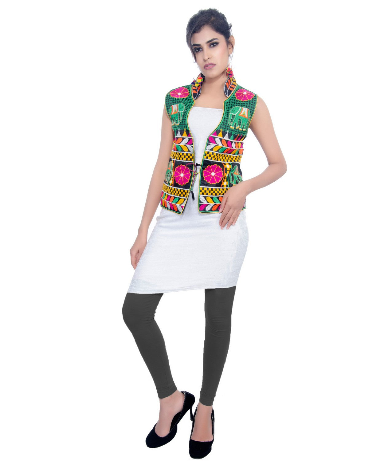Banjara India Women's Dupion Silk Kutchi Embroidered Sleeveless Waist Length Jacket/Koti/Shrug (Haathi) - MJK-HTH01 - Banjara India