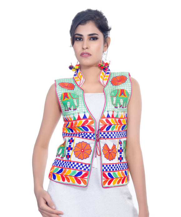 Banjara India Women's Dupion Silk Kutchi Embroidered Sleeveless Waist Length Jacket/Koti/Shrug (Haathi) - MJK-HTH02 - Banjara India