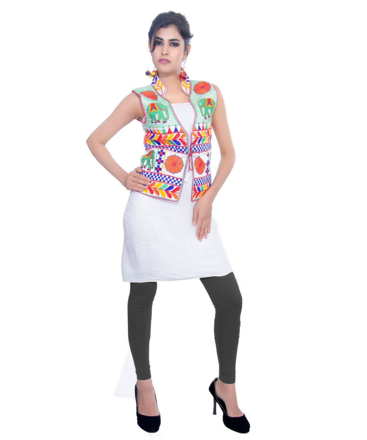 Banjara India Women's Dupion Silk Kutchi Embroidered Sleeveless Waist Length Jacket/Koti/Shrug (Haathi) - MJK-HTH02 - Banjara India