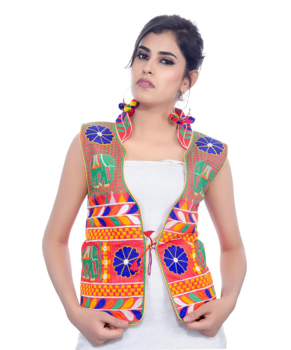 Banjara India Women's Dupion Silk Kutchi Embroidered Sleeveless Waist Length Jacket/Koti/Shrug (Haathi) - MJK-HTH03 - Banjara India