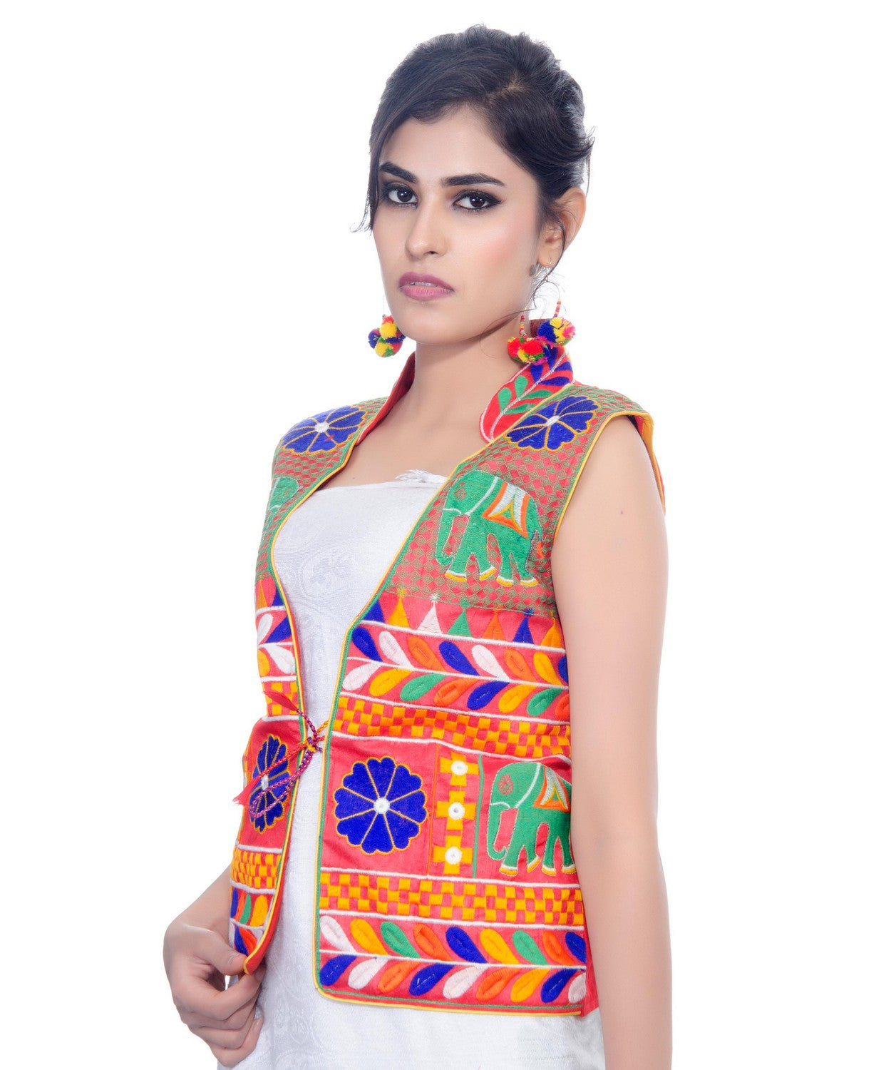 Banjara India Women's Dupion Silk Kutchi Embroidered Sleeveless Waist Length Jacket/Koti/Shrug (Haathi) - MJK-HTH03 - Banjara India