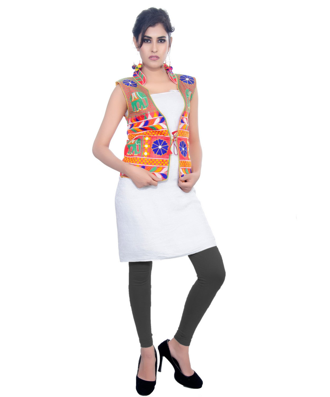 Banjara India Women's Dupion Silk Kutchi Embroidered Sleeveless Waist Length Jacket/Koti/Shrug (Haathi) - MJK-HTH03 - Banjara India