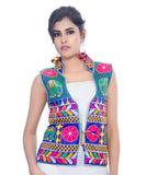 Banjara India Women's Dupion Silk Kutchi Embroidered Sleeveless Waist Length Jacket/Koti/Shrug (Haathi) - MJK-HTH04 - Banjara India