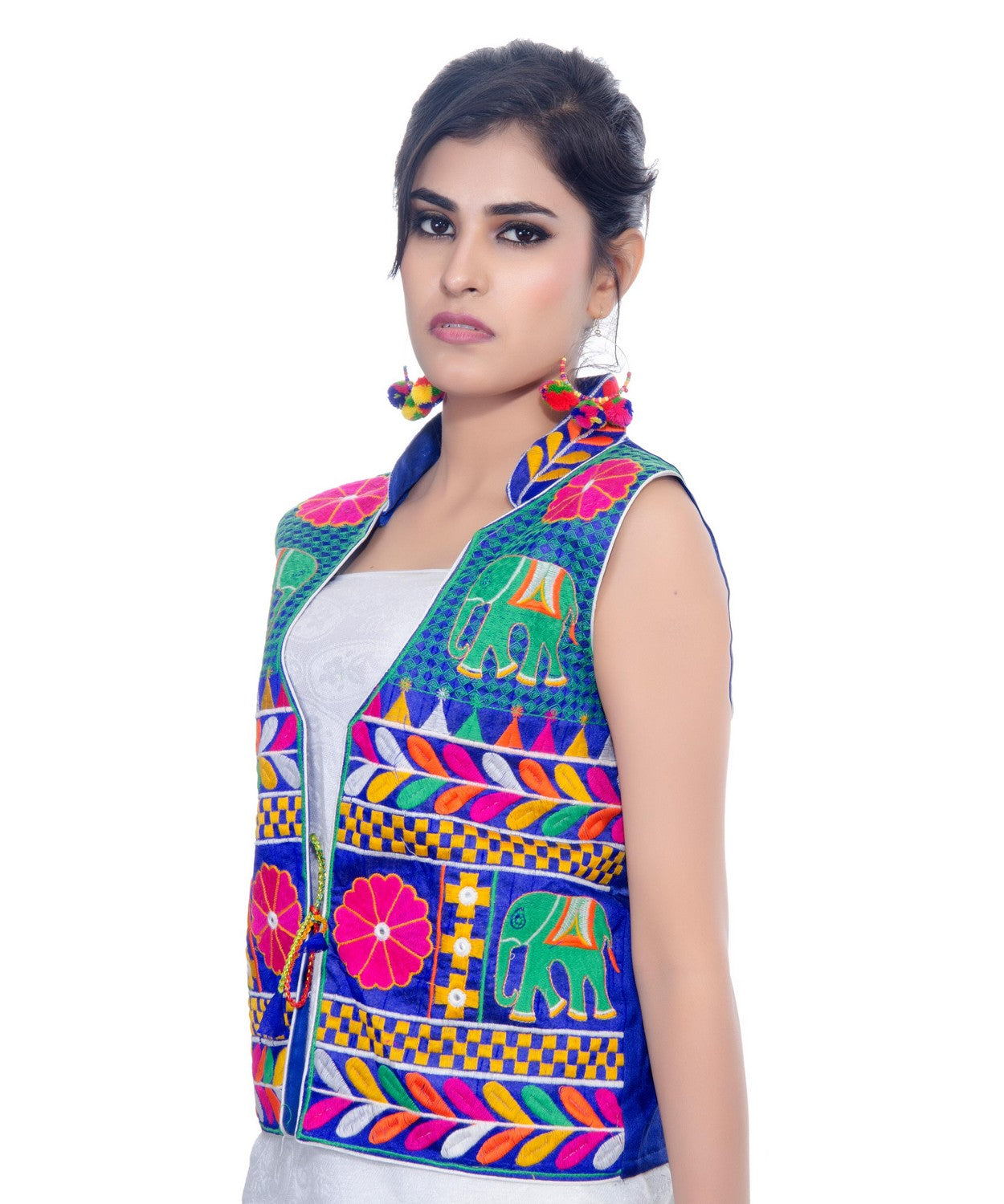 Banjara India Women's Dupion Silk Kutchi Embroidered Sleeveless Waist Length Jacket/Koti/Shrug (Haathi) - MJK-HTH04 - Banjara India