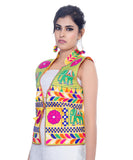 Banjara India Women's Dupion Silk Kutchi Embroidered Sleeveless Waist Length Jacket/Koti/Shrug (Haathi) - MJK-HTH05 - Banjara India