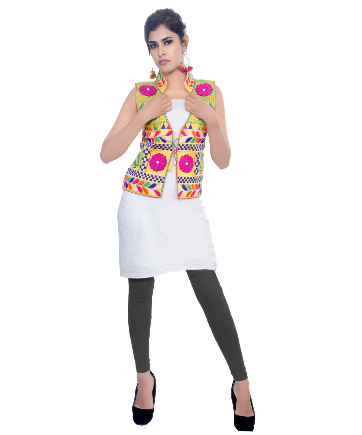 Banjara India Women's Dupion Silk Kutchi Embroidered Sleeveless Waist Length Jacket/Koti/Shrug (Haathi) - MJK-HTH05 - Banjara India