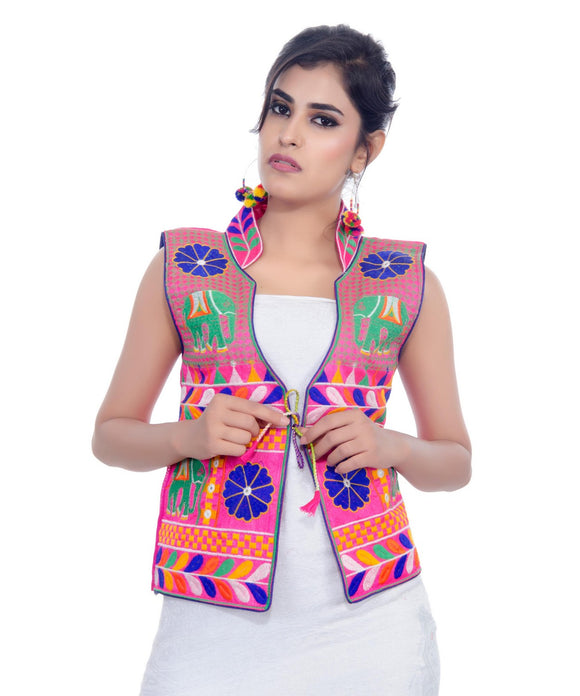 Banjara India Women's Dupion Silk Kutchi Embroidered Sleeveless Waist Length Jacket/Koti/Shrug (Haathi) - MJK-HTH06 - Banjara India