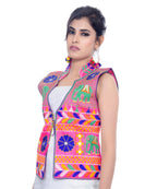 Banjara India Women's Dupion Silk Kutchi Embroidered Sleeveless Waist Length Jacket/Koti/Shrug (Haathi) - MJK-HTH06 - Banjara India