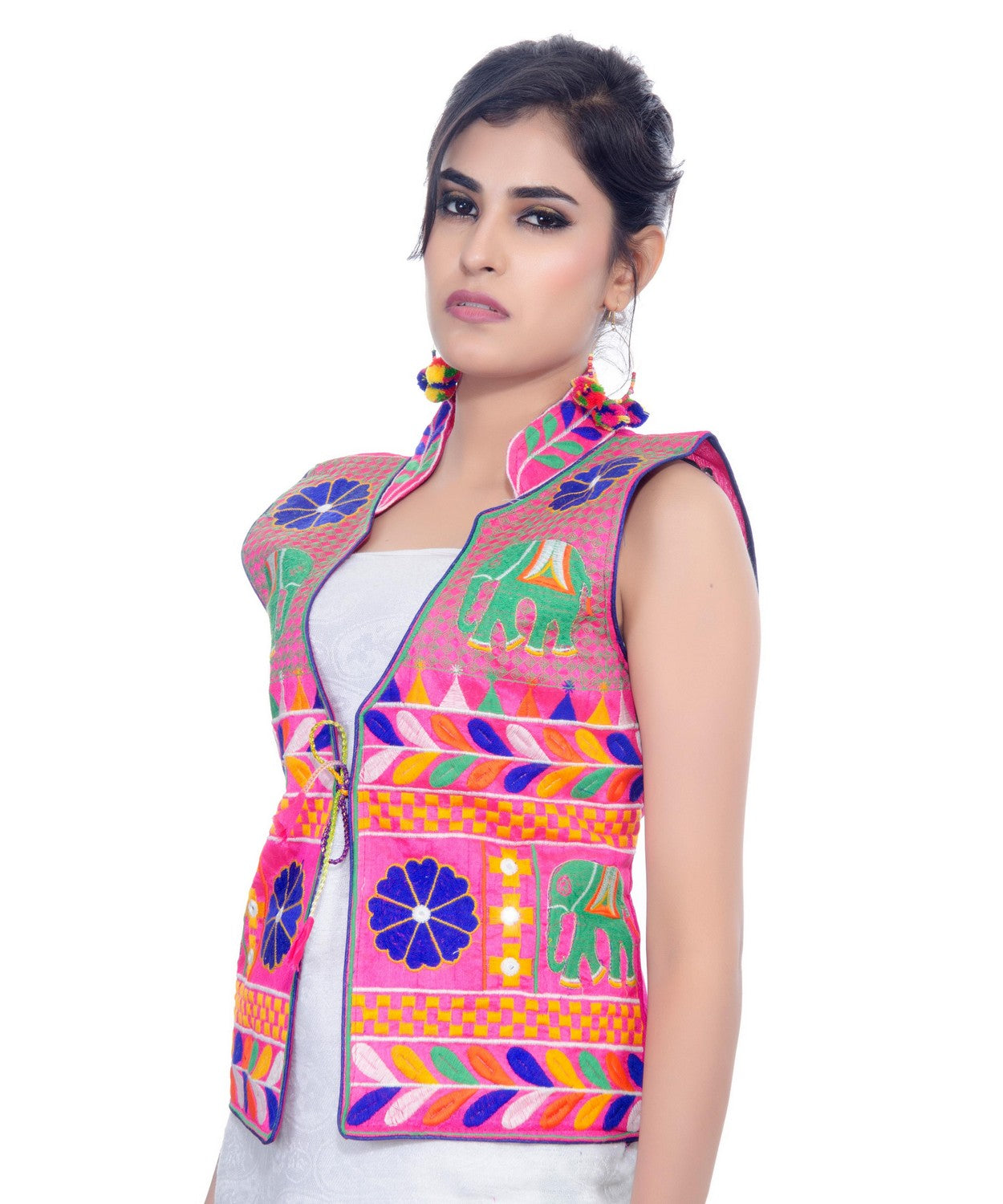 Banjara India Women's Dupion Silk Kutchi Embroidered Sleeveless Waist Length Jacket/Koti/Shrug (Haathi) - MJK-HTH06 - Banjara India