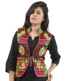 Banjara India Women's Dupion Silk Kutchi Embroidered Sleeveless Waist Length Jacket/Koti/Shrug (Pankhida) - MJK-PKHD01 - Banjara India