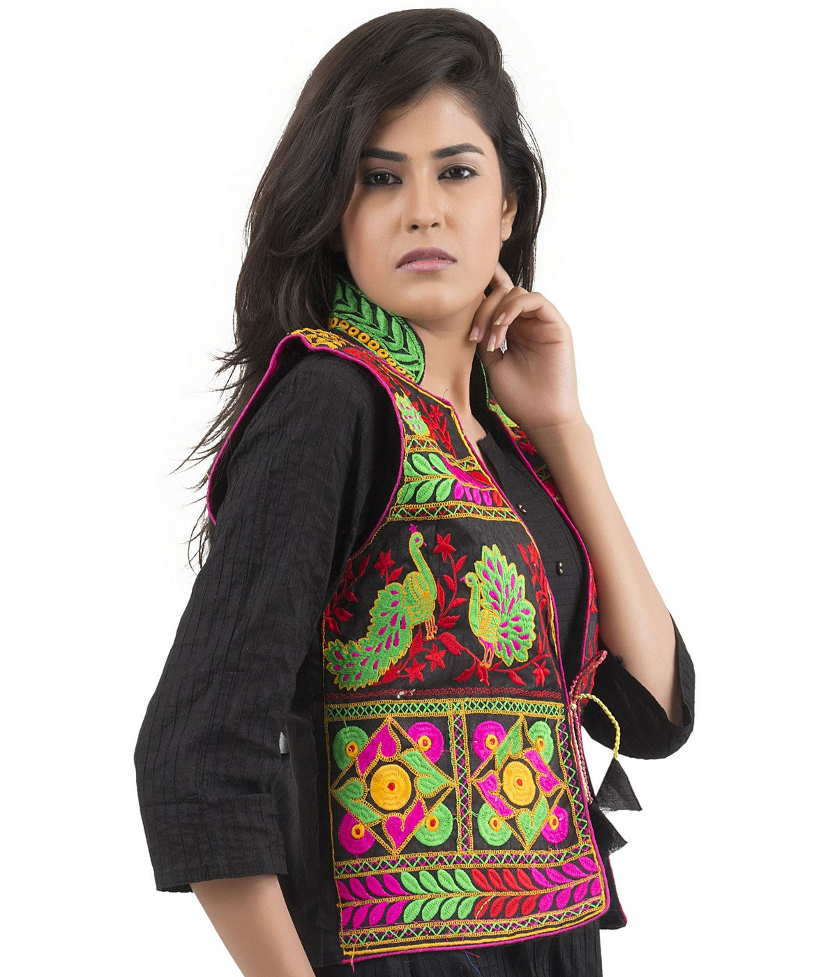 Banjara India Women's Dupion Silk Kutchi Embroidered Sleeveless Waist Length Jacket/Koti/Shrug (Pankhida) - MJK-PKHD01 - Banjara India