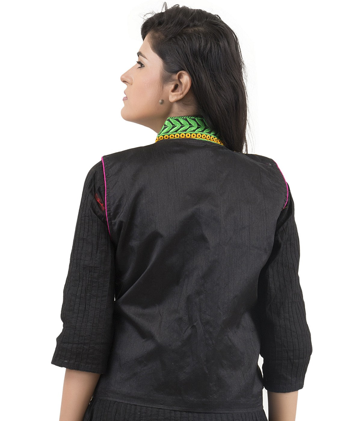 Banjara India Women's Dupion Silk Kutchi Embroidered Sleeveless Waist Length Jacket/Koti/Shrug (Pankhida) - MJK-PKHD01 - Banjara India