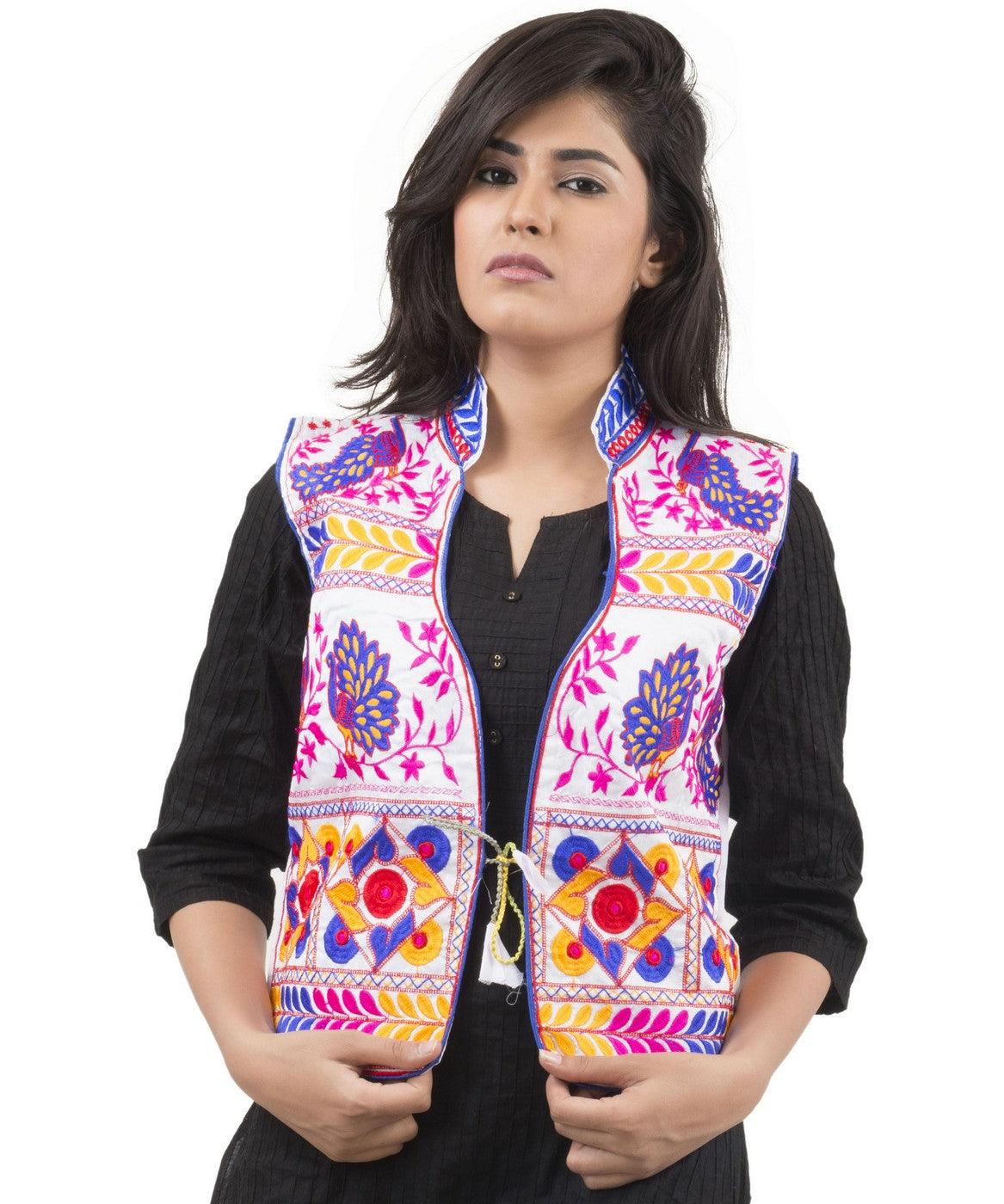 Banjara India Women's Dupion Silk Kutchi Embroidered Sleeveless Waist Length Jacket/Koti/Shrug (Pankhida) - MJK-PKHD02 - Banjara India