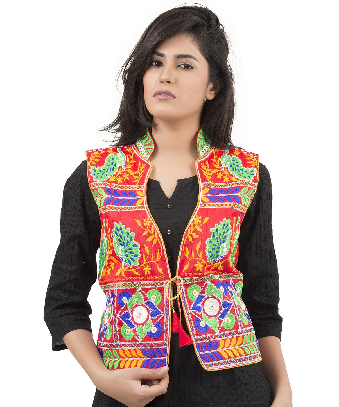 Banjara India Women's Dupion Silk Kutchi Embroidered Sleeveless Waist Length Jacket/Koti/Shrug (Pankhida) - MJK-PKHD03 - Banjara India