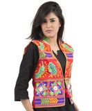 Banjara India Women's Dupion Silk Kutchi Embroidered Sleeveless Waist Length Jacket/Koti/Shrug (Pankhida) - MJK-PKHD03 - Banjara India
