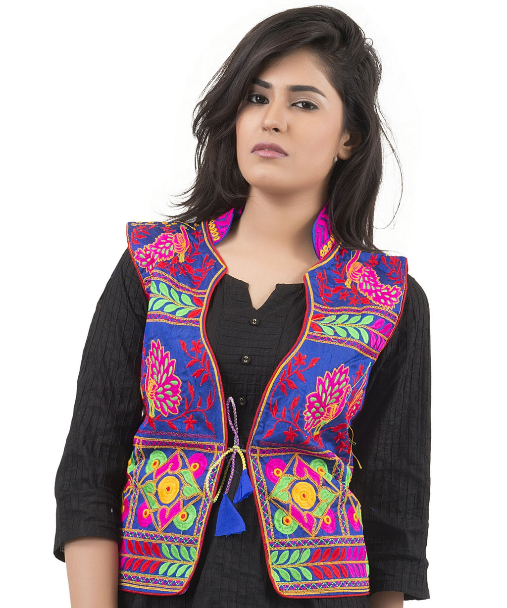 Banjara India Women's Dupion Silk Kutchi Embroidered Sleeveless Waist Length Jacket/Koti/Shrug (Pankhida) - MJK-PKHD04 - Banjara India