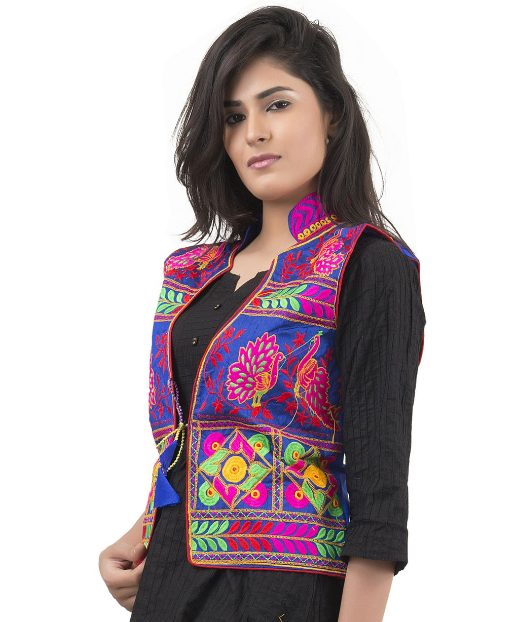 Banjara India Women's Dupion Silk Kutchi Embroidered Sleeveless Waist Length Jacket/Koti/Shrug (Pankhida) - MJK-PKHD04 - Banjara India