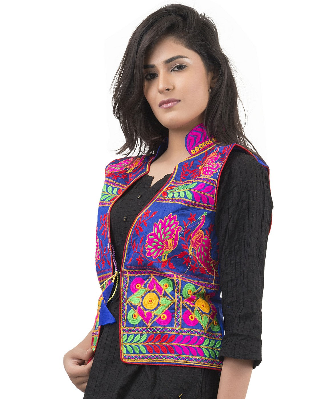 Banjara India Women's Dupion Silk Kutchi Embroidered Sleeveless Waist Length Jacket/Koti/Shrug (Pankhida) - MJK-PKHD04 - Banjara India