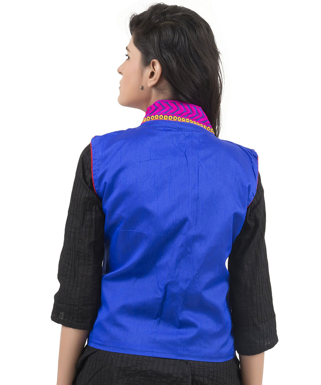 Banjara India Women's Dupion Silk Kutchi Embroidered Sleeveless Waist Length Jacket/Koti/Shrug (Pankhida) - MJK-PKHD04 - Banjara India