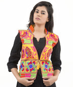 Banjara India Women's Dupion Silk Kutchi Embroidered Sleeveless Waist Length Jacket/Koti/Shrug (Pankhida) - MJK-PKHD05 - Banjara India