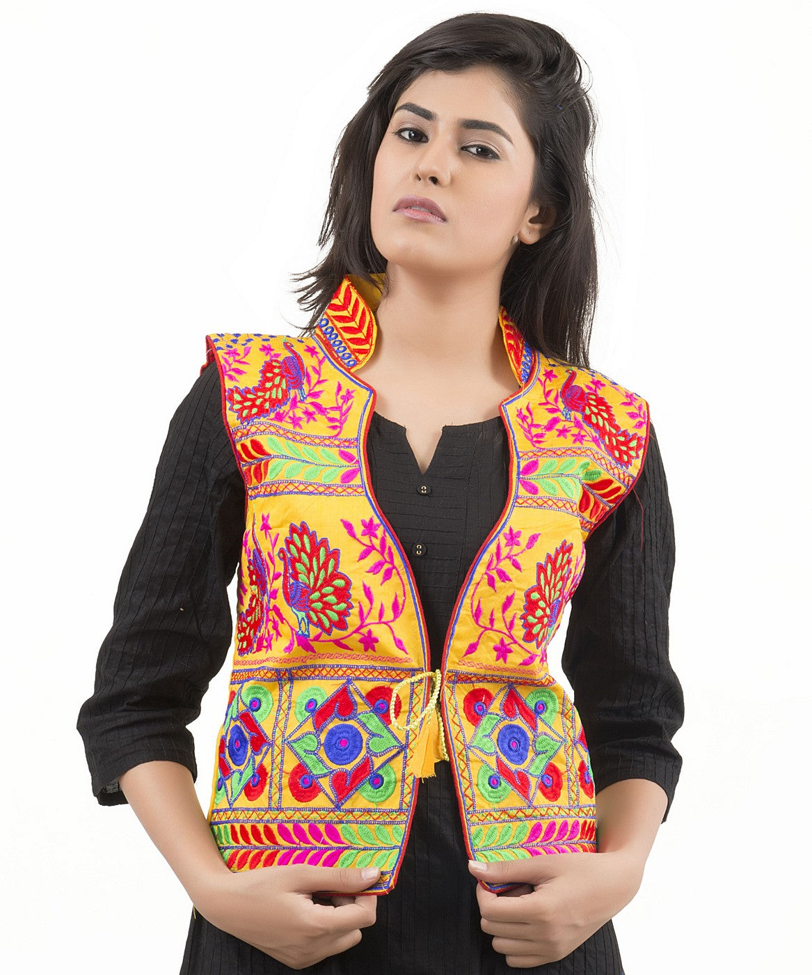 Banjara India Women's Dupion Silk Kutchi Embroidered Sleeveless Waist Length Jacket/Koti/Shrug (Pankhida) - MJK-PKHD05 - Banjara India
