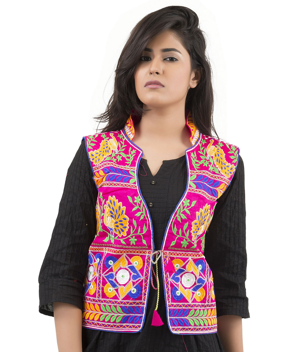 Banjara India Women's Dupion Silk Kutchi Embroidered Sleeveless Waist Length Jacket/Koti/Shrug (Pankhida) - MJK-PKHD06 - Banjara India