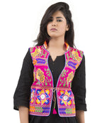 Banjara India Women's Dupion Silk Kutchi Embroidered Sleeveless Waist Length Jacket/Koti/Shrug (Pankhida) - MJK-PKHD06 - Banjara India