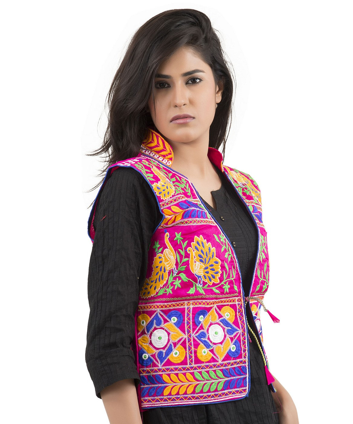 Banjara India Women's Dupion Silk Kutchi Embroidered Sleeveless Waist Length Jacket/Koti/Shrug (Pankhida) - MJK-PKHD06 - Banjara India