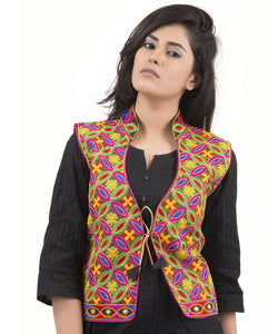 Banjara India Women's Dupion Silk Kutchi Embroidered Sleeveless Waist Length Jacket/Koti/Shrug (Rasna) - MJK-RAS01 - Banjara India