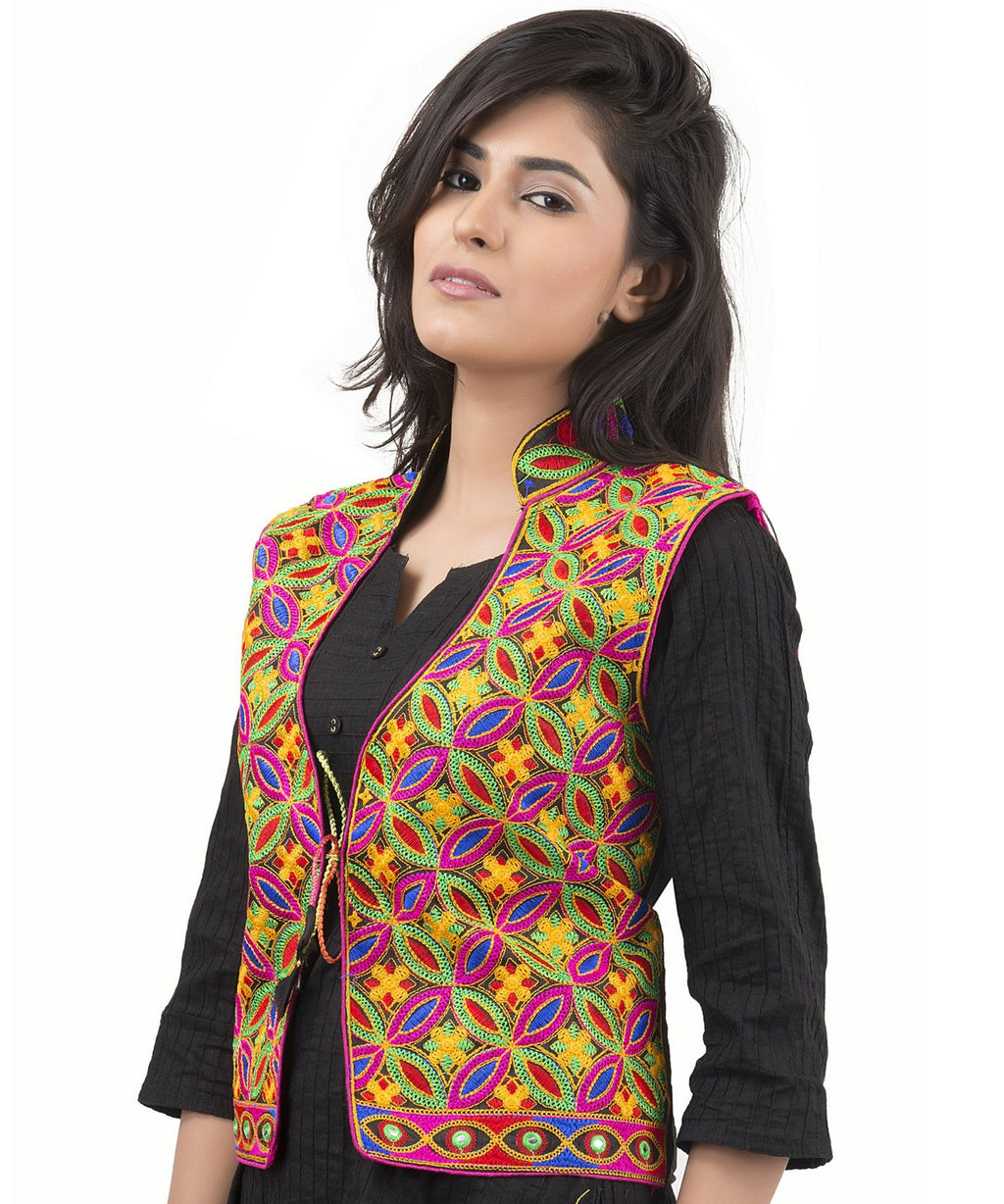 Banjara India Women's Dupion Silk Kutchi Embroidered Sleeveless Waist Length Jacket/Koti/Shrug (Rasna) - MJK-RAS01 - Banjara India