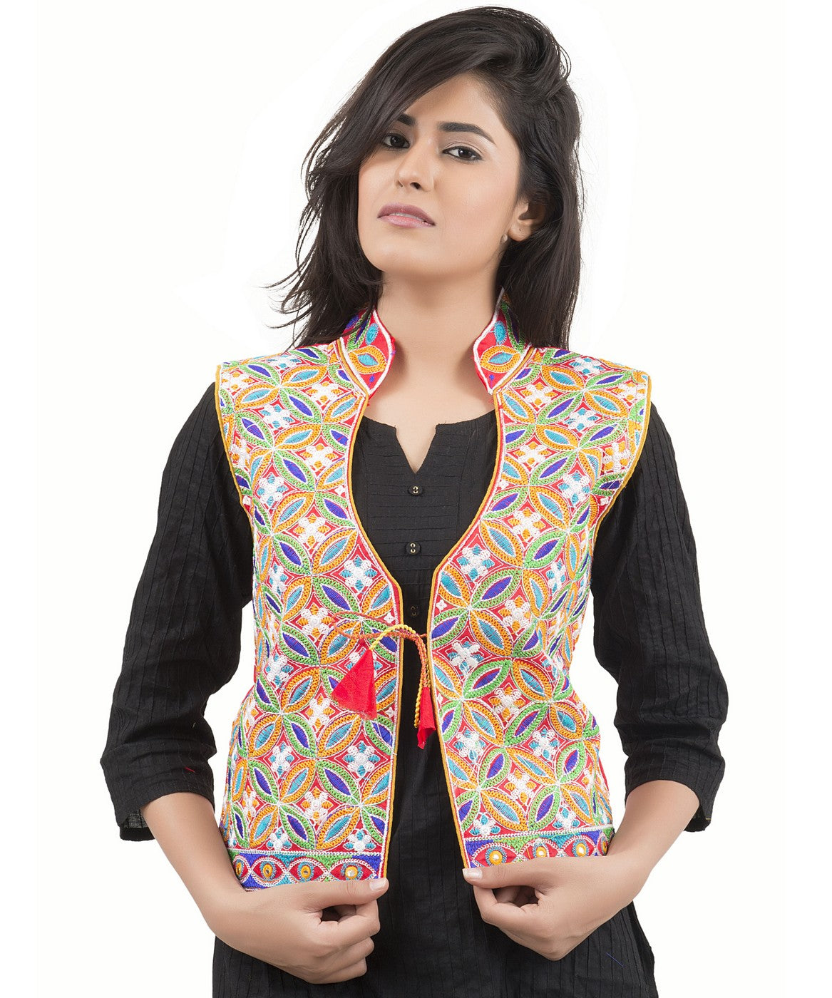 Banjara India Women's Dupion Silk Kutchi Embroidered Sleeveless Waist Length Jacket/Koti/Shrug (Rasna) - MJK-RAS03 - Banjara India
