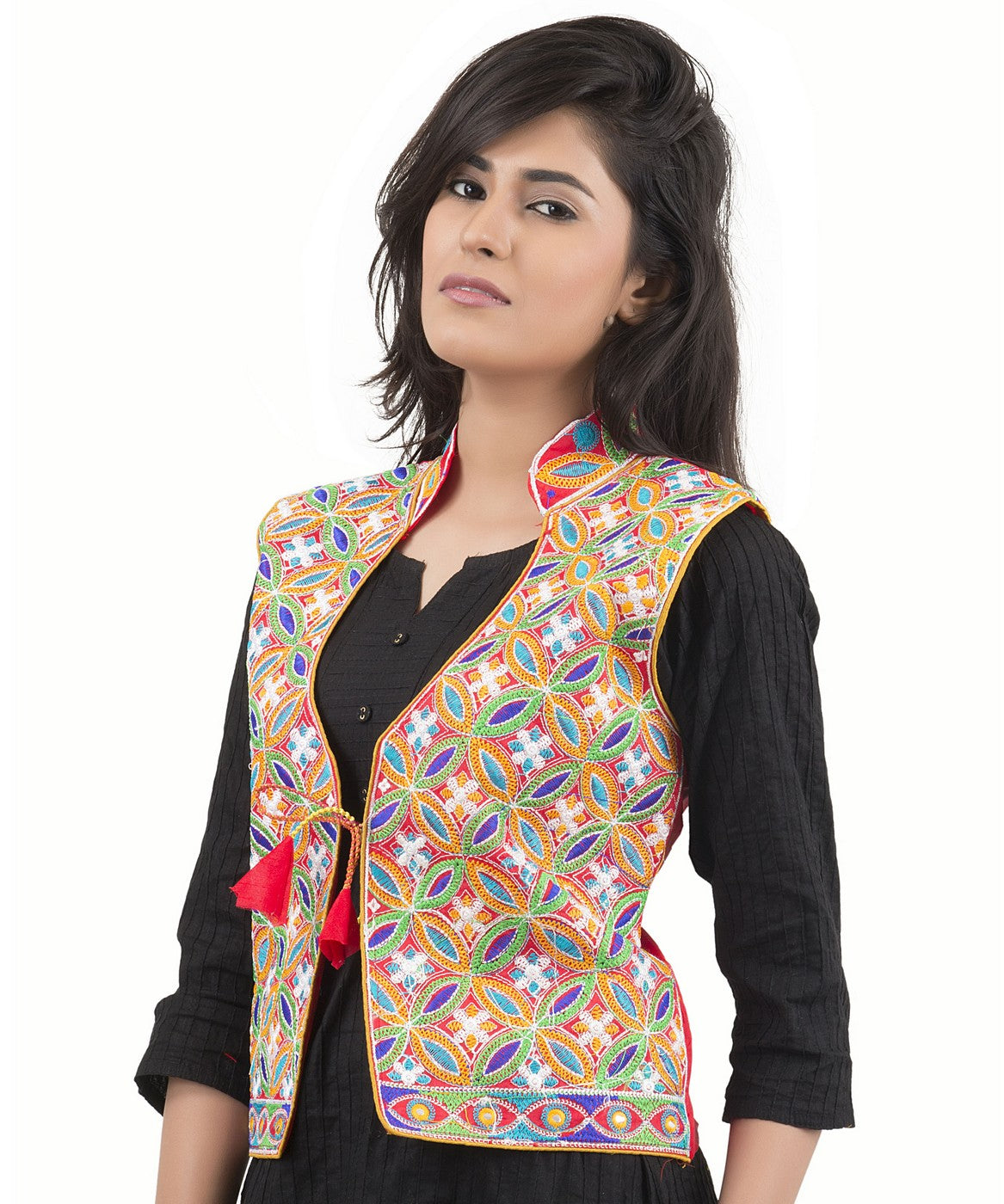 Banjara India Women's Dupion Silk Kutchi Embroidered Sleeveless Waist Length Jacket/Koti/Shrug (Rasna) - MJK-RAS03 - Banjara India