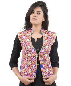 Banjara India Women's Dupion Silk Kutchi Embroidered Sleeveless Waist Length Jacket/Koti/Shrug (Rasna) - MJK-RAS04 - Banjara India