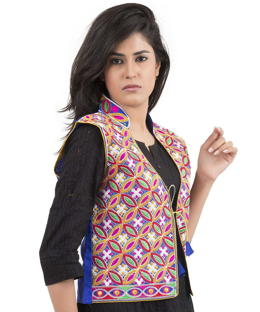Banjara India Women's Dupion Silk Kutchi Embroidered Sleeveless Waist Length Jacket/Koti/Shrug (Rasna) - MJK-RAS04 - Banjara India