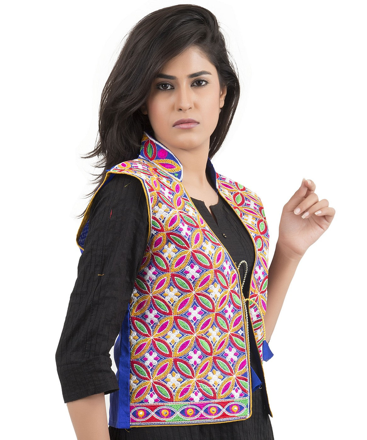 Banjara India Women's Dupion Silk Kutchi Embroidered Sleeveless Waist Length Jacket/Koti/Shrug (Rasna) - MJK-RAS04 - Banjara India