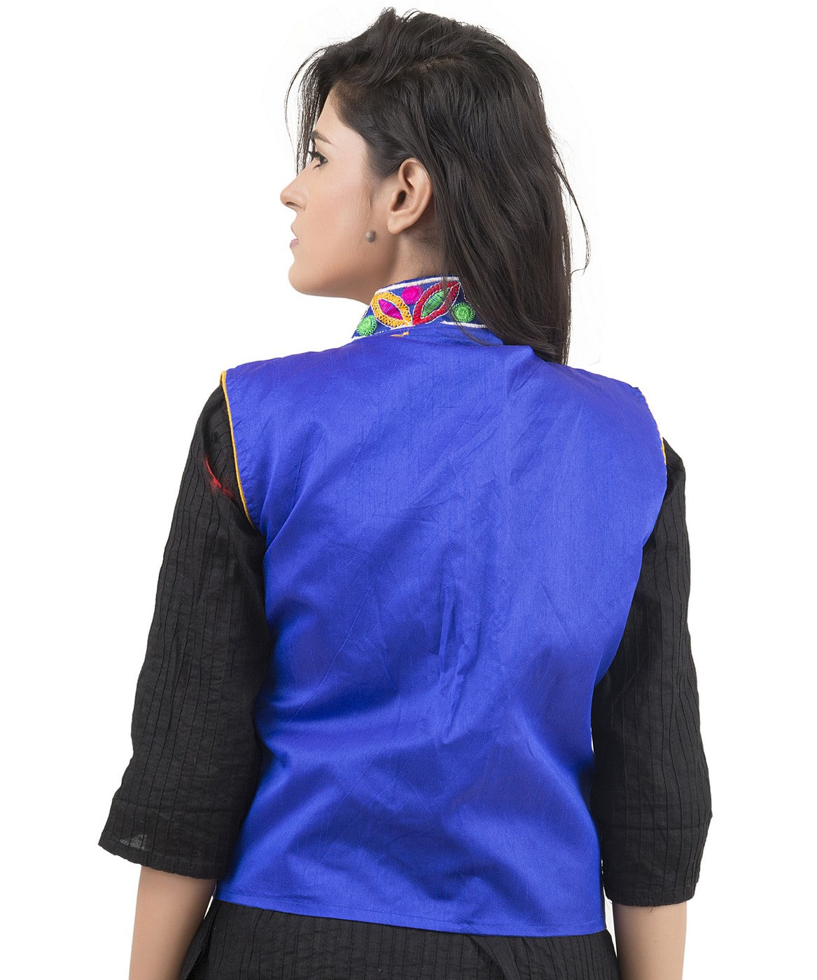 Banjara India Women's Dupion Silk Kutchi Embroidered Sleeveless Waist Length Jacket/Koti/Shrug (Rasna) - MJK-RAS04 - Banjara India