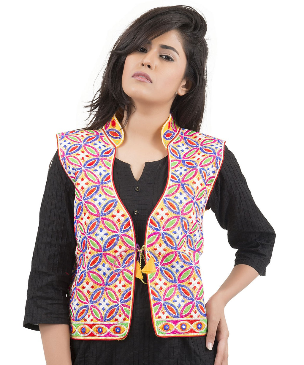 Banjara India Women's Dupion Silk Kutchi Embroidered Sleeveless Waist Length Jacket/Koti/Shrug (Rasna) - MJK-RAS05 - Banjara India