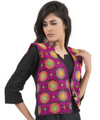 Banjara India Women's Dupion Silk Kutchi Embroidered Sleeveless Waist Length Jacket/Koti/Shrug (Sunflower) - MJK-SUN01 - Banjara India