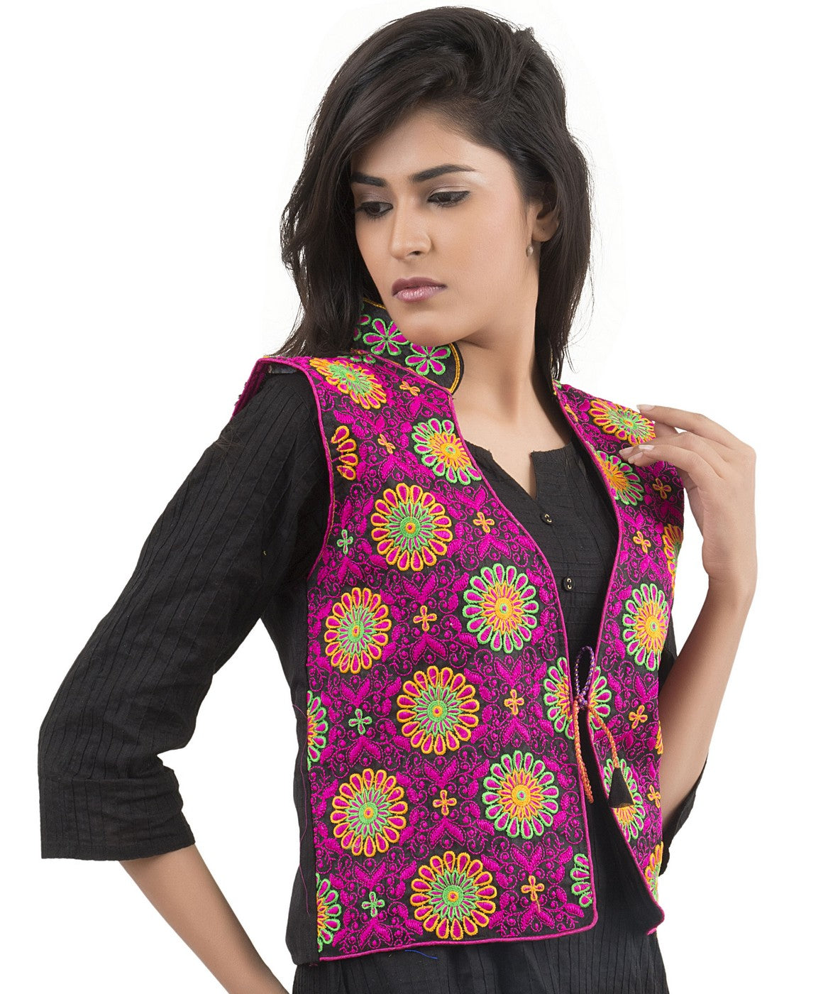 Banjara India Women's Dupion Silk Kutchi Embroidered Sleeveless Waist Length Jacket/Koti/Shrug (Sunflower) - MJK-SUN01 - Banjara India