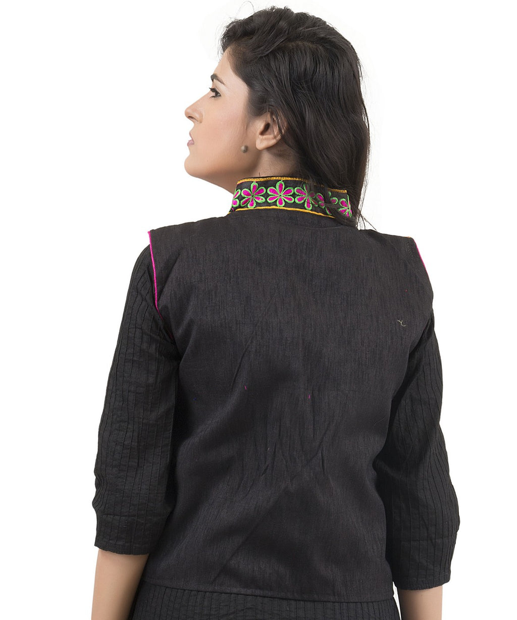 Banjara India Women's Dupion Silk Kutchi Embroidered Sleeveless Waist Length Jacket/Koti/Shrug (Sunflower) - MJK-SUN01 - Banjara India