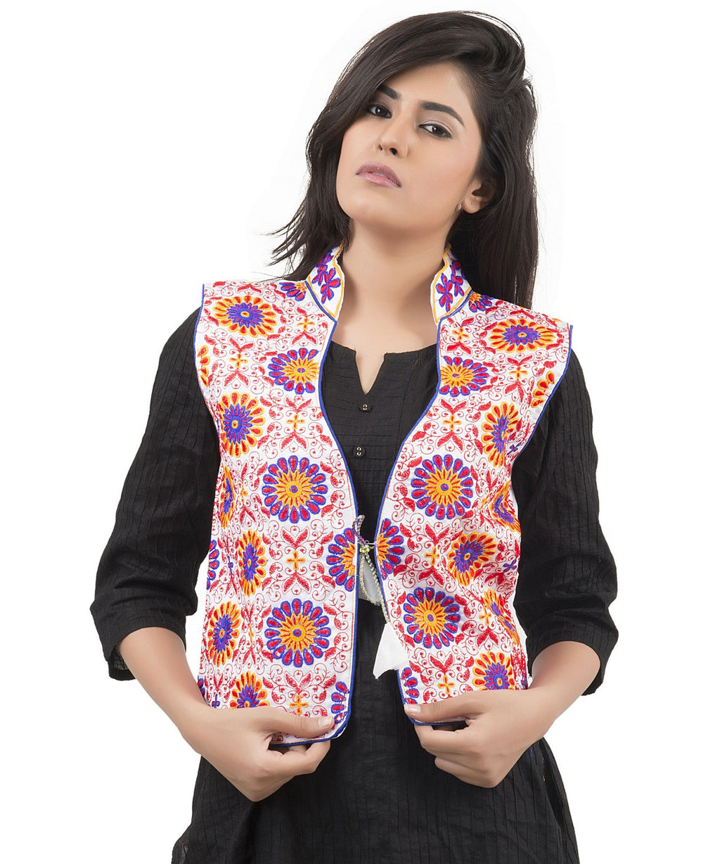 Banjara India Women's Dupion Silk Kutchi Embroidered Sleeveless Waist Length Jacket/Koti/Shrug (Sunflower) - MJK-SUN02 - Banjara India