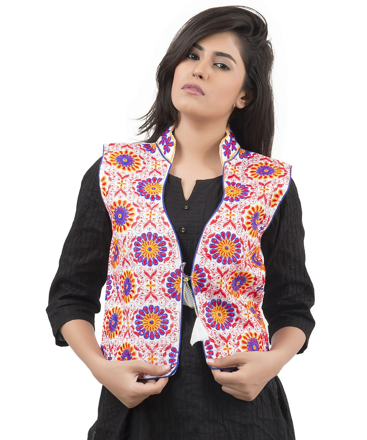 Banjara India Women's Dupion Silk Kutchi Embroidered Sleeveless Waist Length Jacket/Koti/Shrug (Sunflower) - MJK-SUN02 - Banjara India