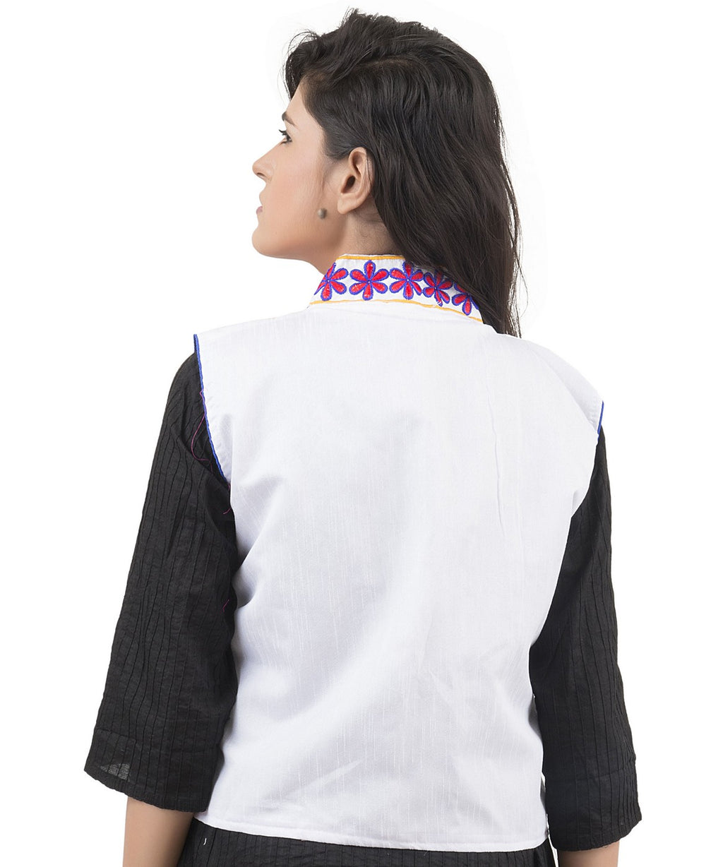 Banjara India Women's Dupion Silk Kutchi Embroidered Sleeveless Waist Length Jacket/Koti/Shrug (Sunflower) - MJK-SUN02 - Banjara India