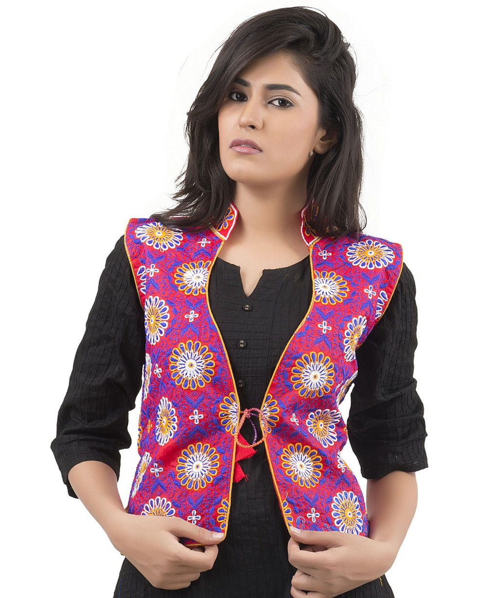 Banjara India Women's Dupion Silk Kutchi Embroidered Sleeveless Waist Length Jacket/Koti/Shrug (Sunflower) - MJK-SUN03 - Banjara India