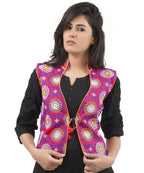 Banjara India Women's Dupion Silk Kutchi Embroidered Sleeveless Waist Length Jacket/Koti/Shrug (Sunflower) - MJK-SUN03 - Banjara India